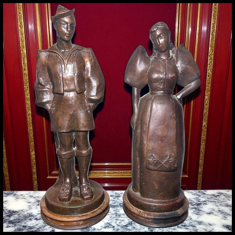 Set of 2 Early 20th Century French Bronze-Clad Plaster Breton Man and Woman Sculptures on Wood Bases