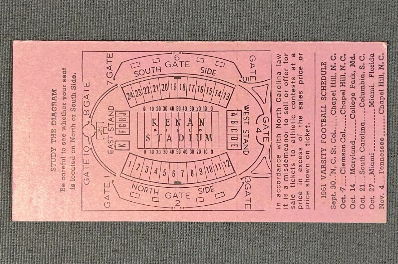 Vintage 1961 North Carolina Tar Heels vs. Clemson Tigers Football Ticket Stub