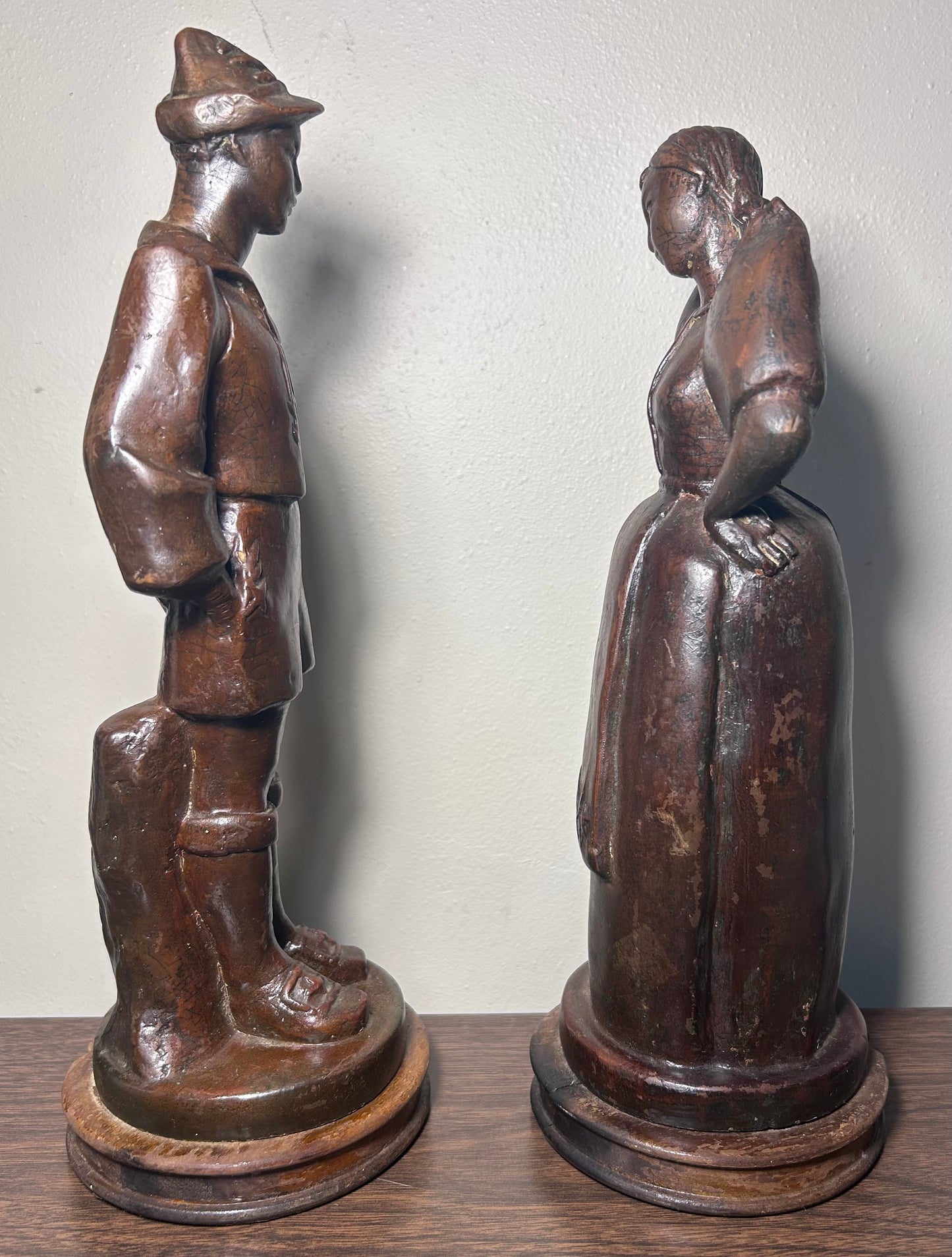 Set of 2 Early 20th Century French Bronze-Clad Plaster Breton Man and Woman Sculptures on Wood Bases