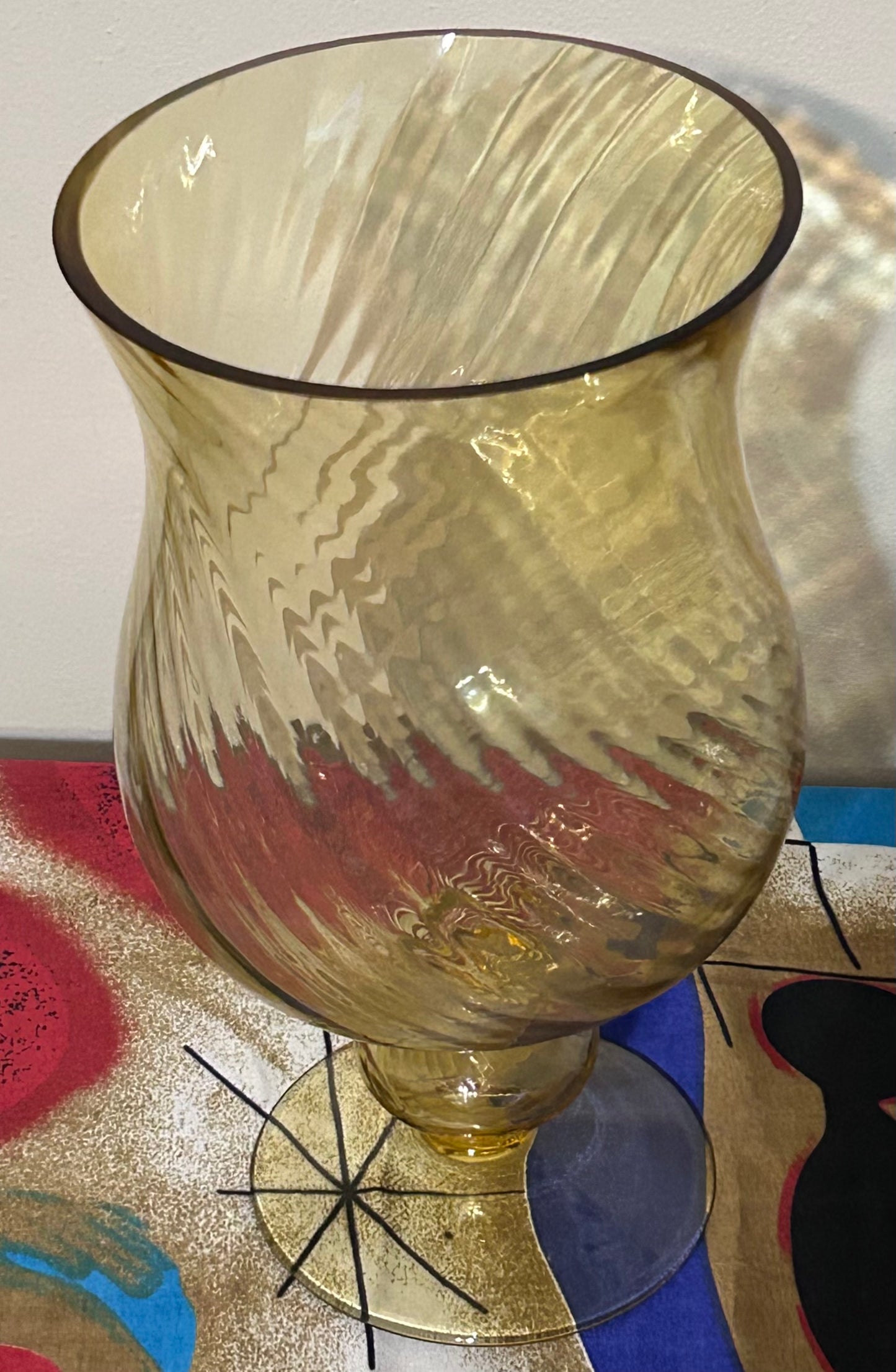 Vintage Circa 1970 Italian Empoli Topaz Glass Optic Swirl Pattern Footed Vase