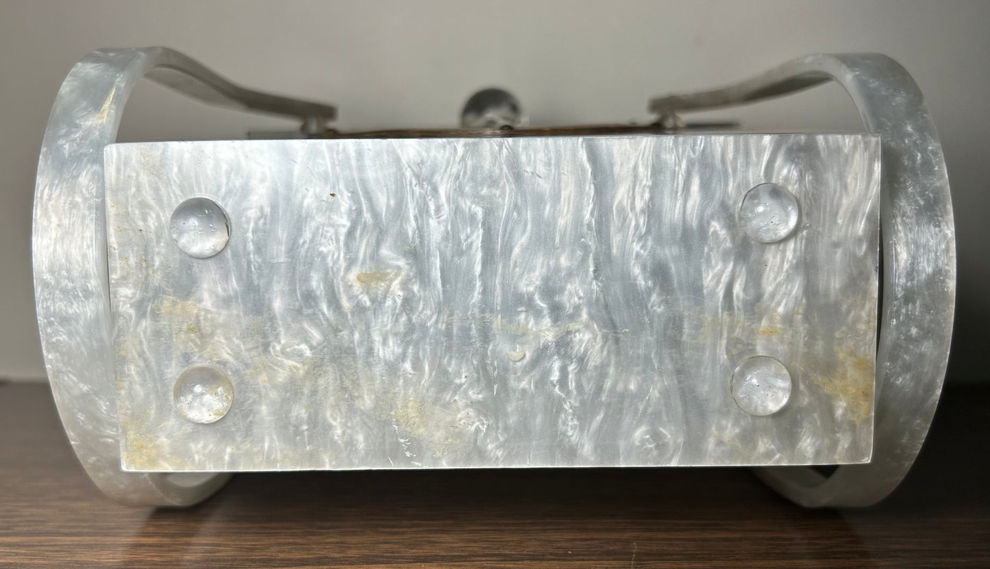 Vintage 1950’s American Wilardy Pearlescent Marbleized White Lucite/Metal Filigree Box Purse Made in New York