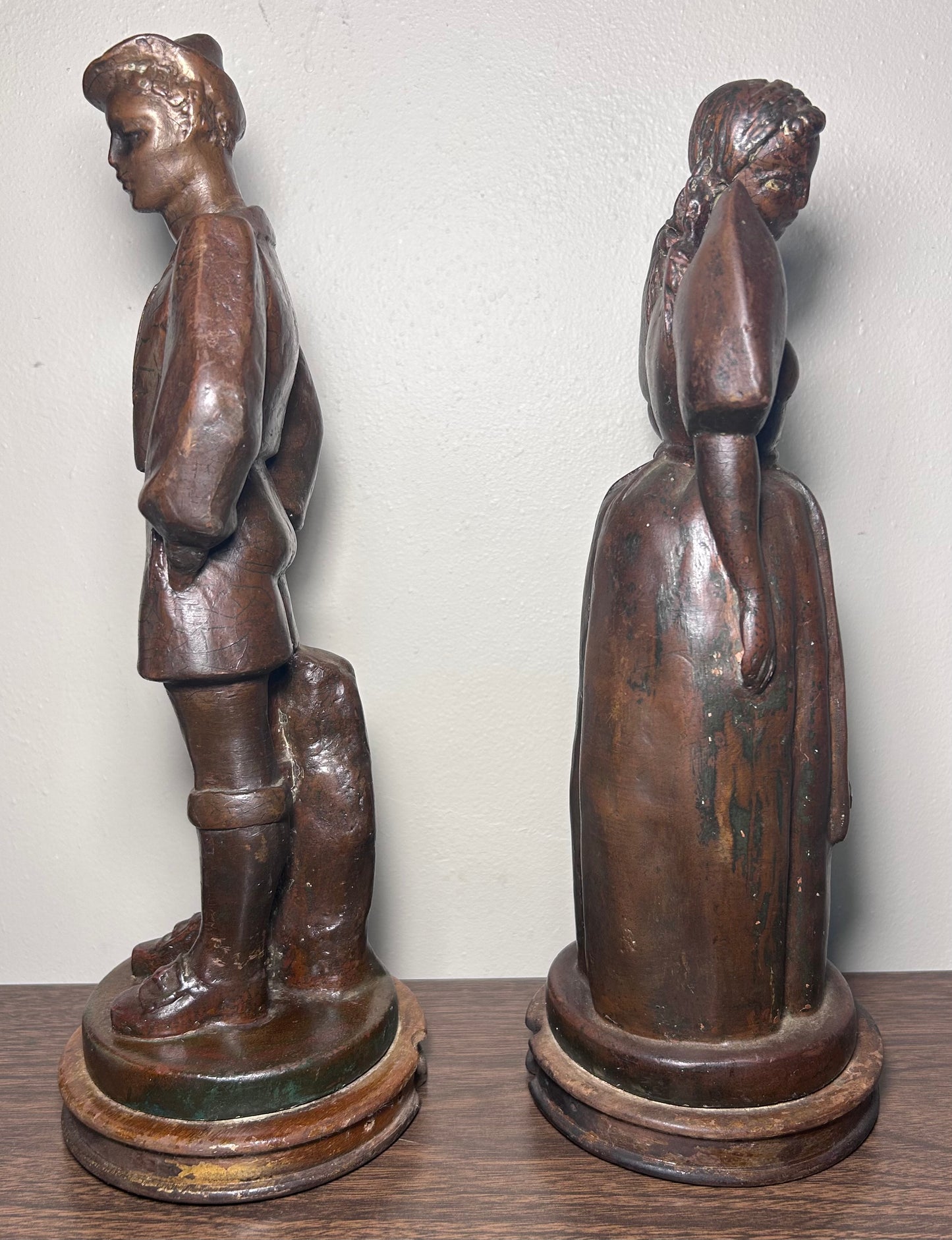 Set of 2 Early 20th Century French Bronze-Clad Plaster Breton Man and Woman Sculptures on Wood Bases