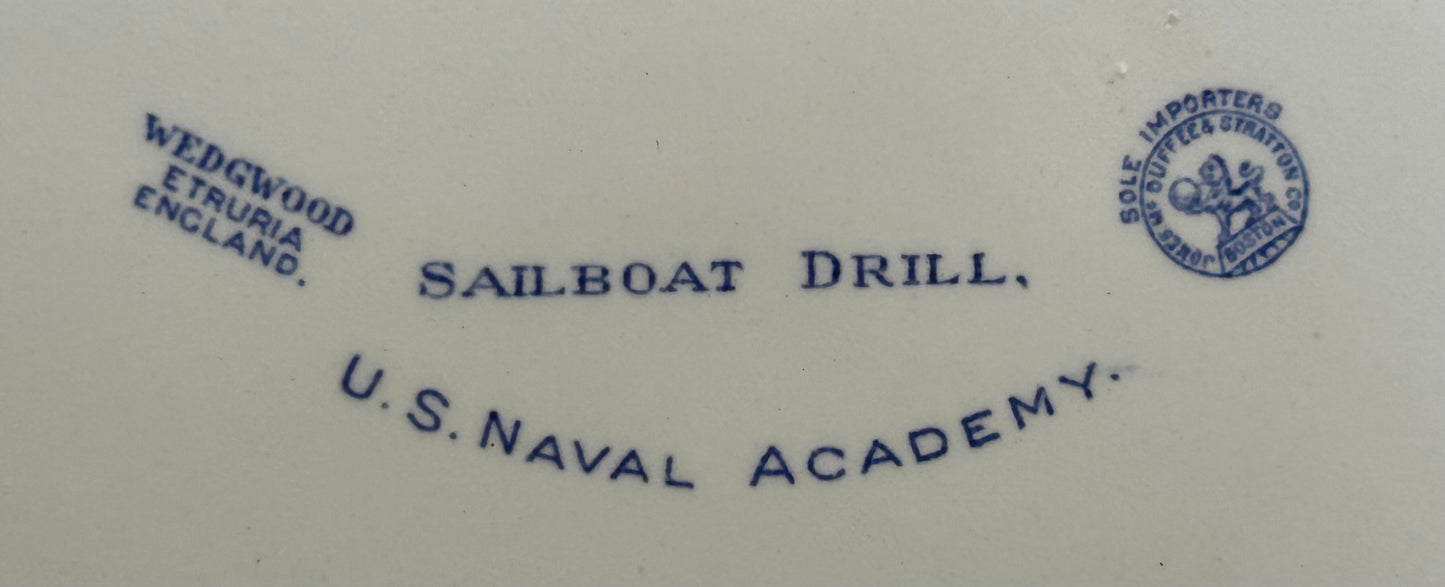 1934 English Wedgwood Etruria Blue Transferware Porcelain U.S. Naval Academy Sailboat Drill Plate