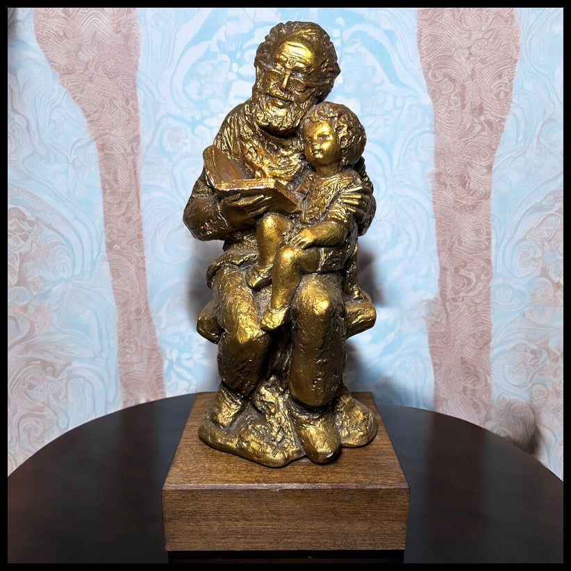 Vintage 1950’s American Borghese-Style Gold-Painted Chalkware Old Man Reading Book to Child Sculpture on Wood Base