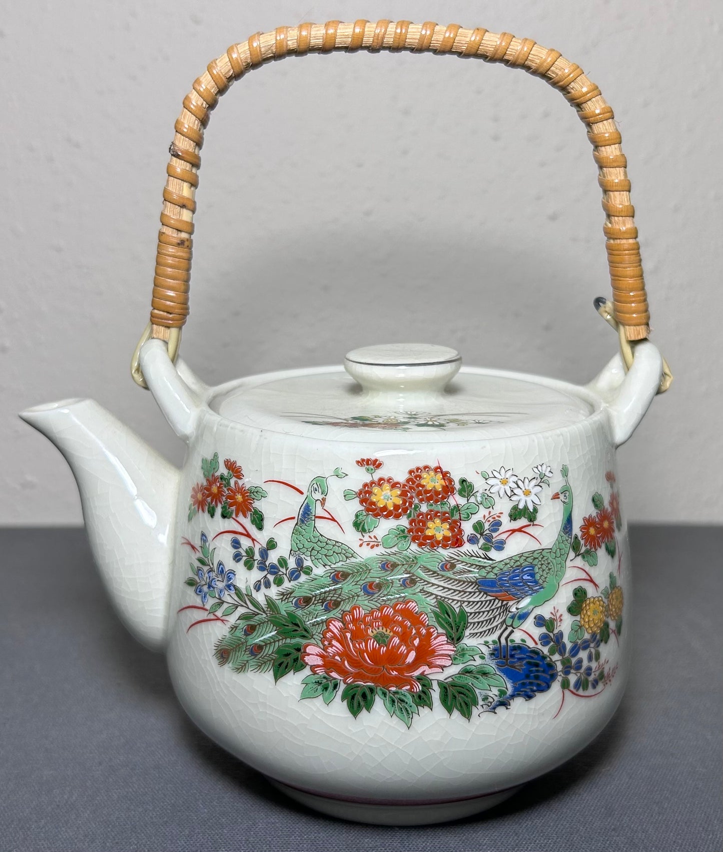 Vintage 1970’s Japanese Kutani Porcelain Peacock/Floral Motifs Six-Piece Teapot and Teacups Set
