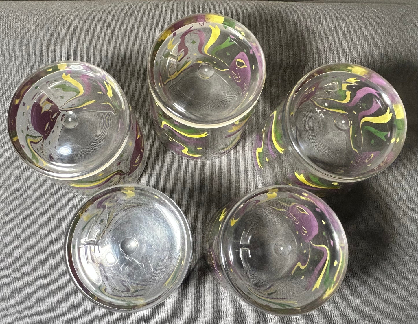 Set of 5 Vintage 1960’s American Cera Mid Century Modern Mardi Gras Mask Motif Plastic Lowball Glasses