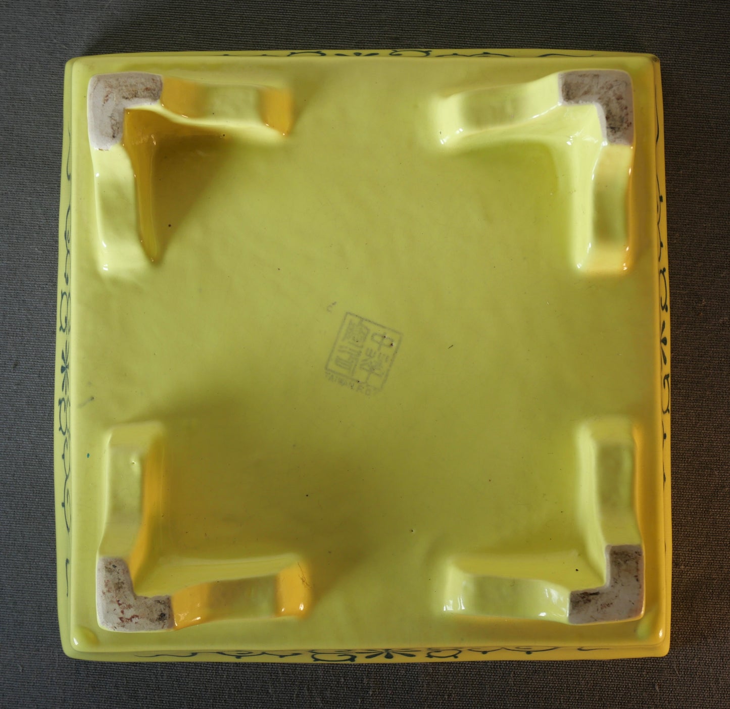 Vintage 1970's Chinese Famille Jaune Style Porcelain Peony Flower Motifs Square Jardiniere on Stand Made in Taiwan R.O.C.