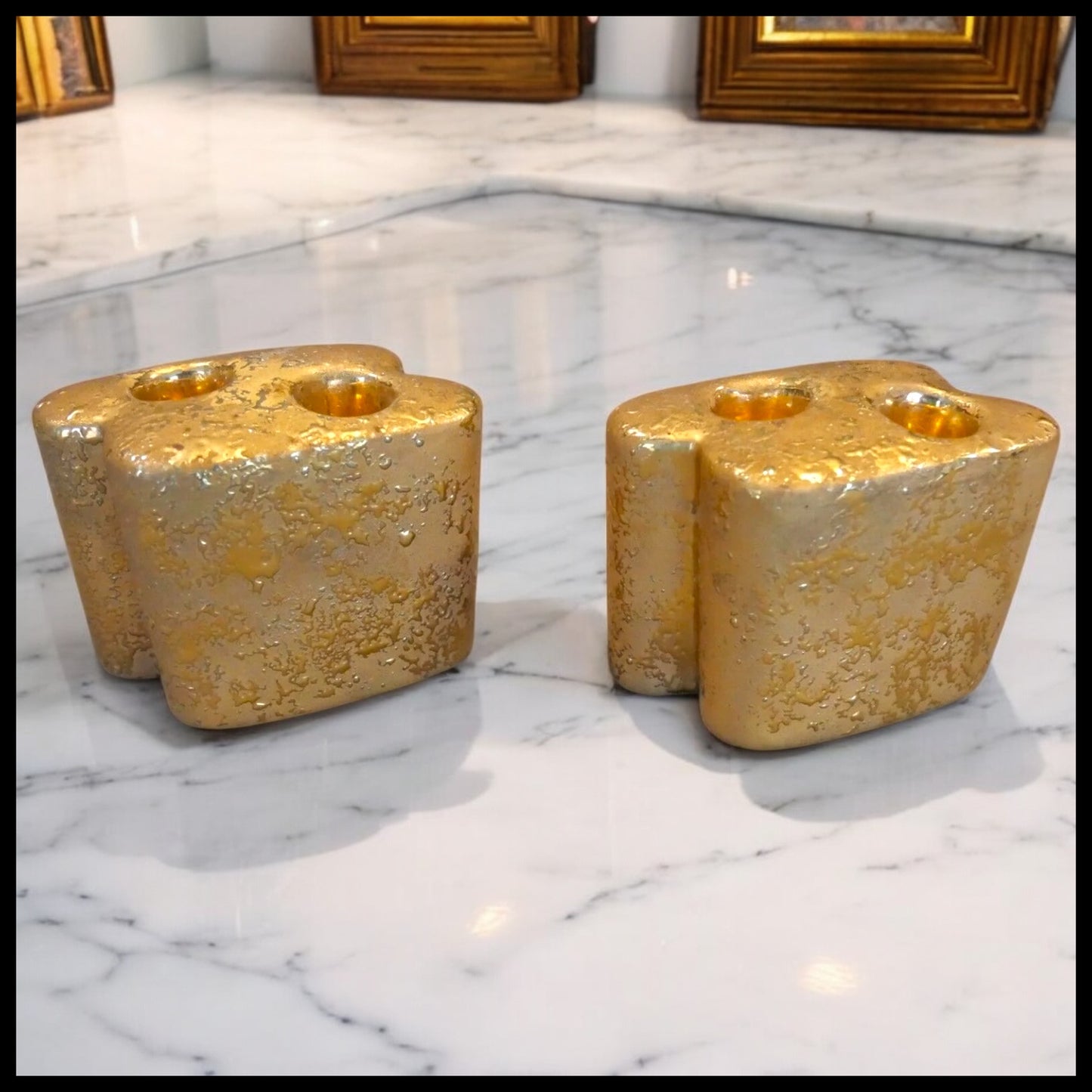 Pair of Vintage 1950's American Mid Century Modern Le Mieux China Ceramic Weeping Gold Double Candlesticks