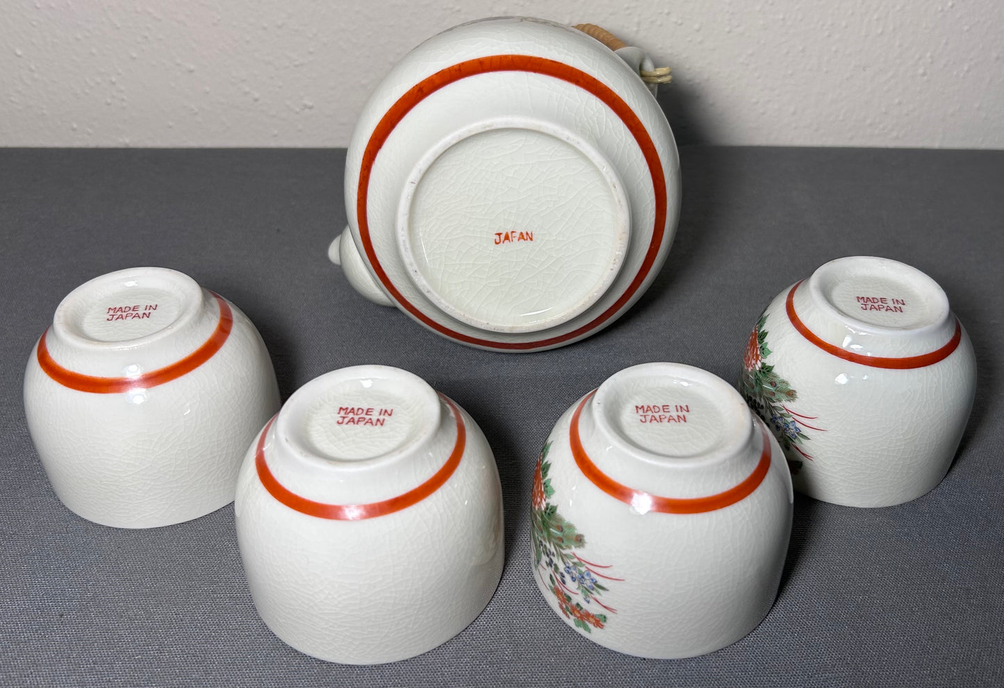 Vintage 1970’s Japanese Kutani Porcelain Peacock/Floral Motifs Six-Piece Teapot and Teacups Set
