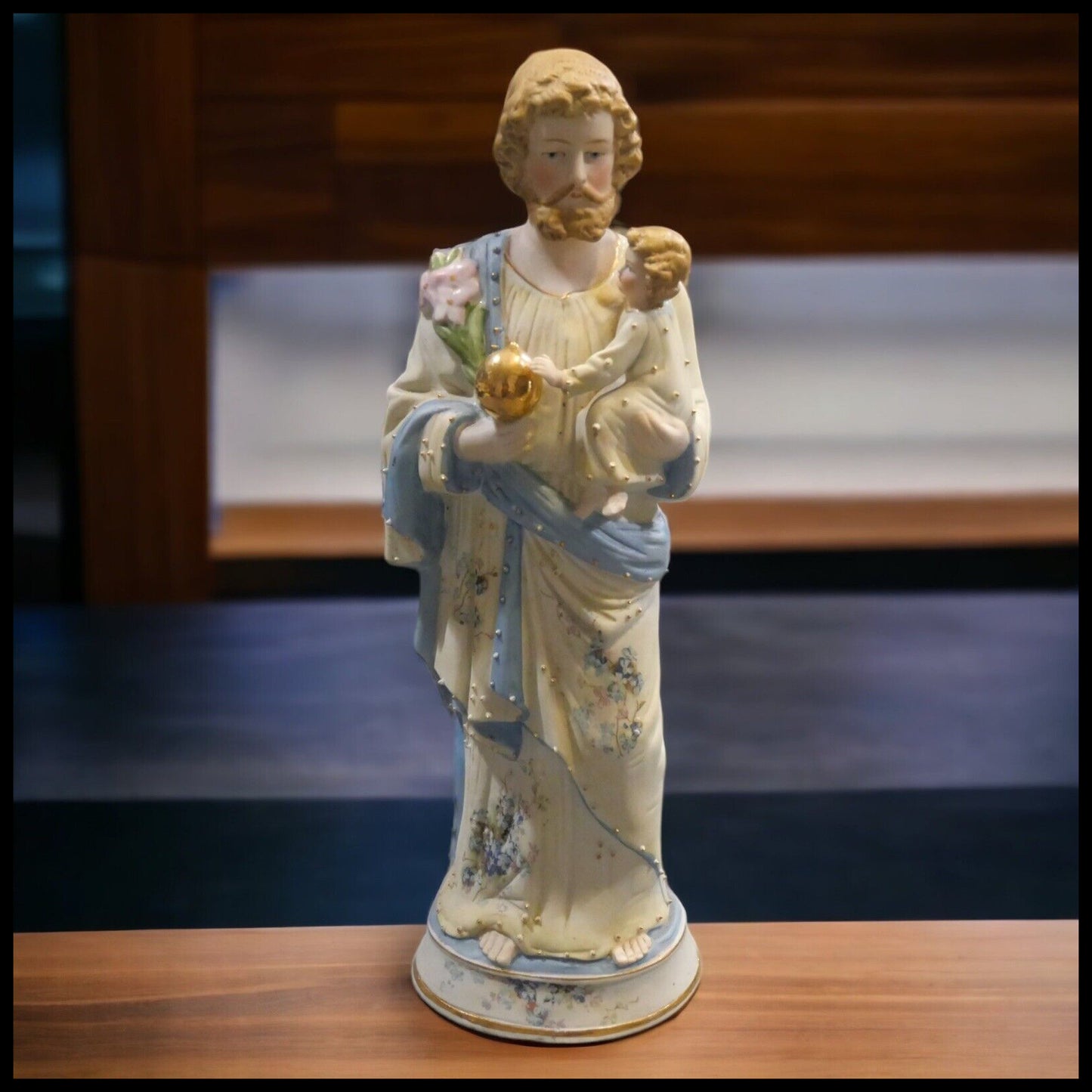 Late 19th Century German Victorian Bisque Porcelain Saint Joseph with Baby Jesus Statue
