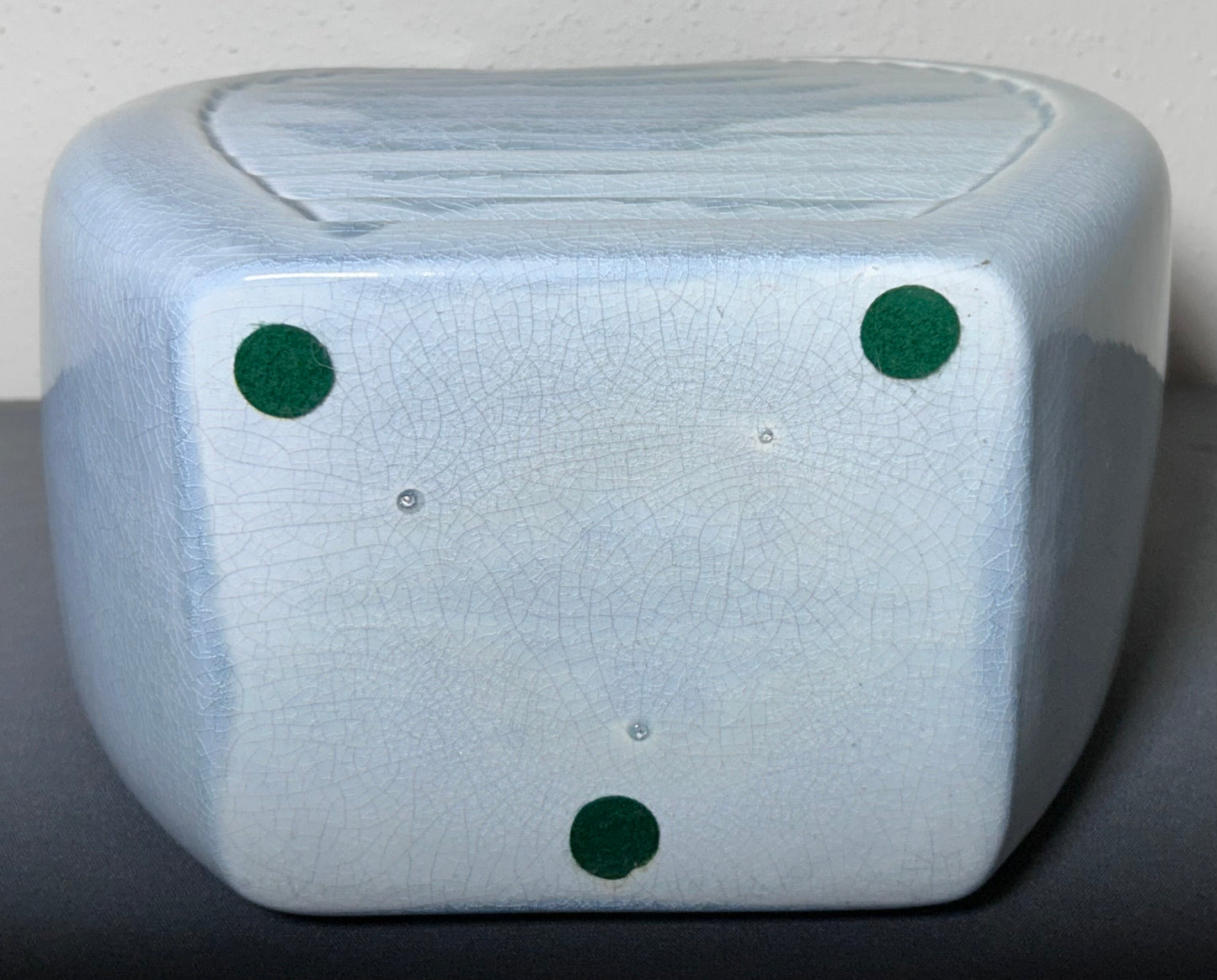 Vintage Circa 1980 American Postmodern Seafoam Gray Ceramic Crackle Glazed Ellipse Form Banded Bouquet Vase