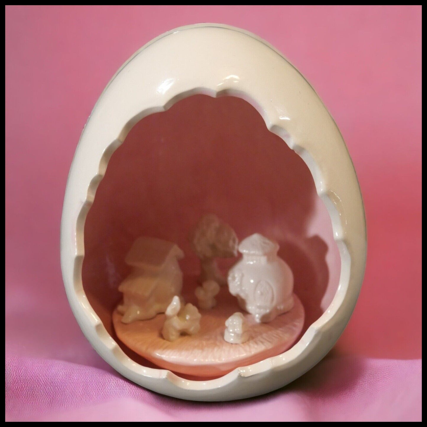 Vintage 1970's American Mid Century Modern Ceramic Rabbit Village in Egg Shell Sculpture
