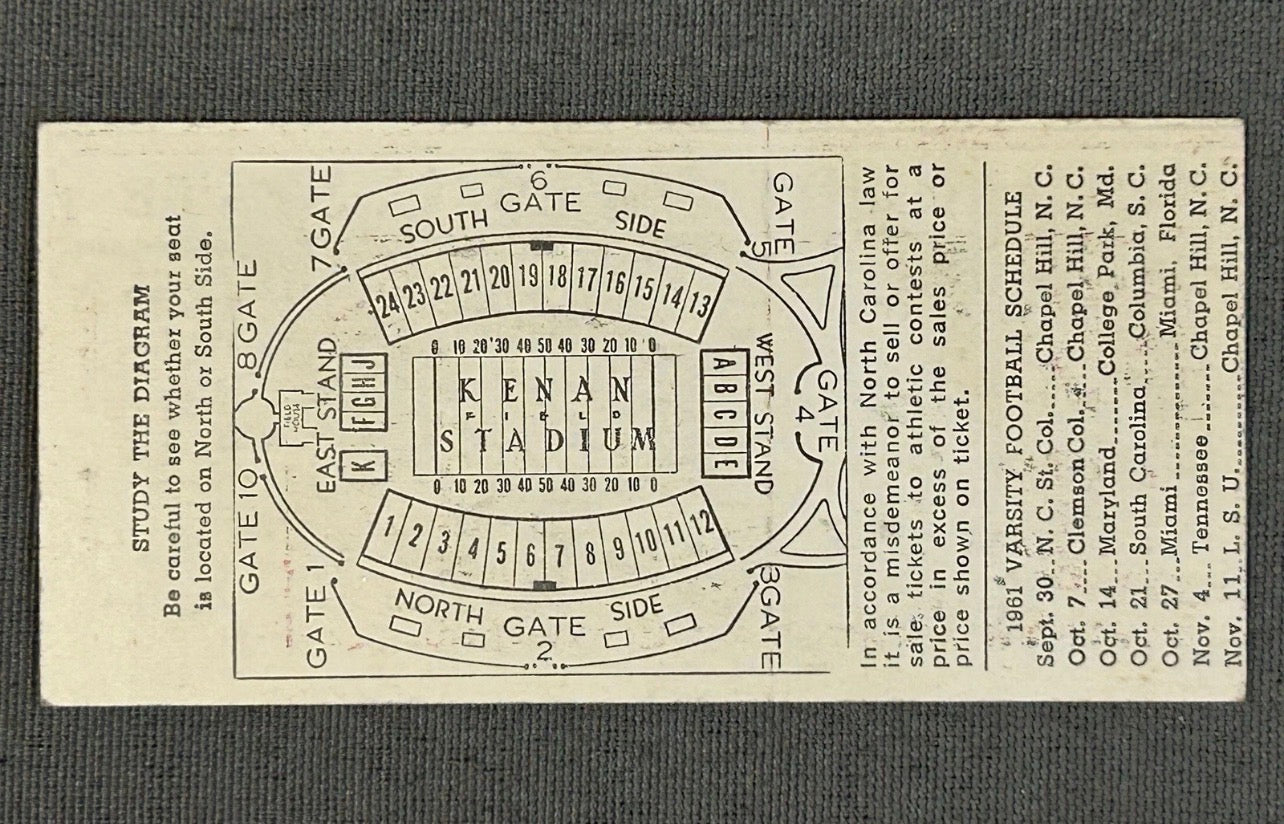 Vintage 1961 North Carolina Tar Heels vs. North Carolina State Wolfpack Football Ticket Stub