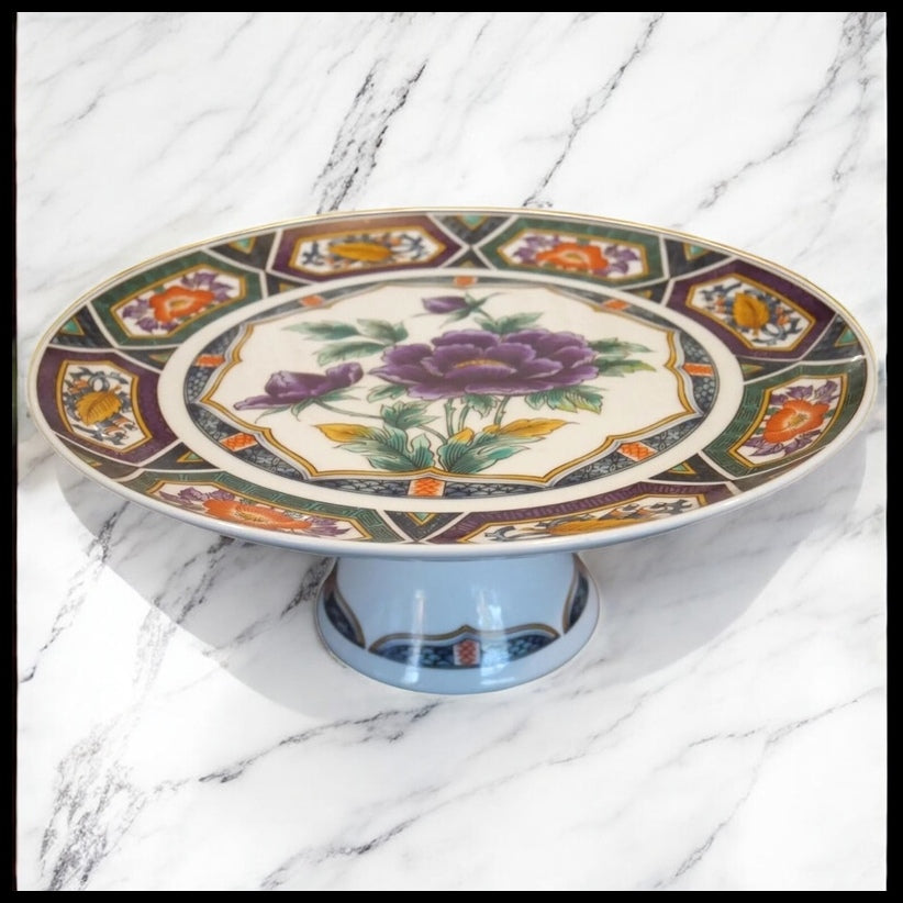 Vintage 1970's Georges Briard Amethyst Kutani Japanese Porcelain Purple Chrysanthemum Floral Motif Pedestal Cake Stand