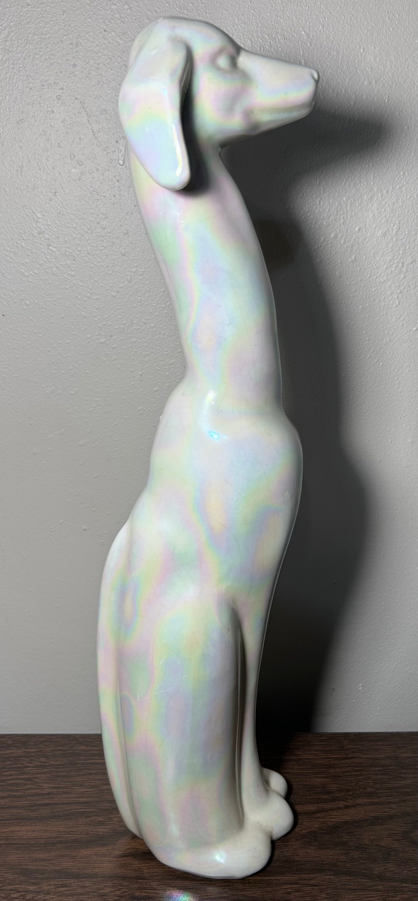 Vintage 1950’s American Mid Century Modern USA Pottery Iridescent White Crackle Glazed Ceramic Greyhound Dog Sculpture (#508)