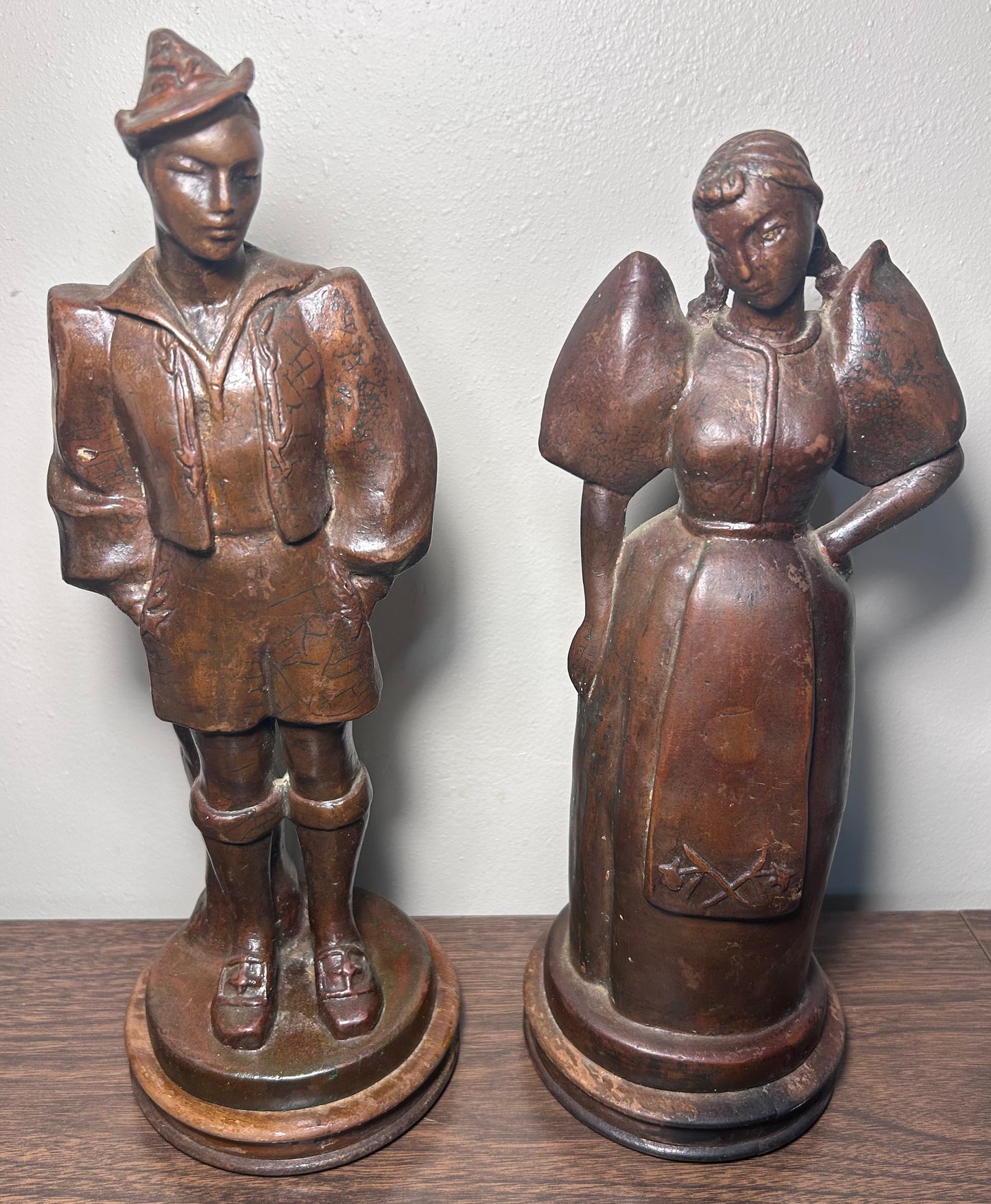 Set of 2 Early 20th Century French Bronze-Clad Plaster Breton Man and Woman Sculptures on Wood Bases