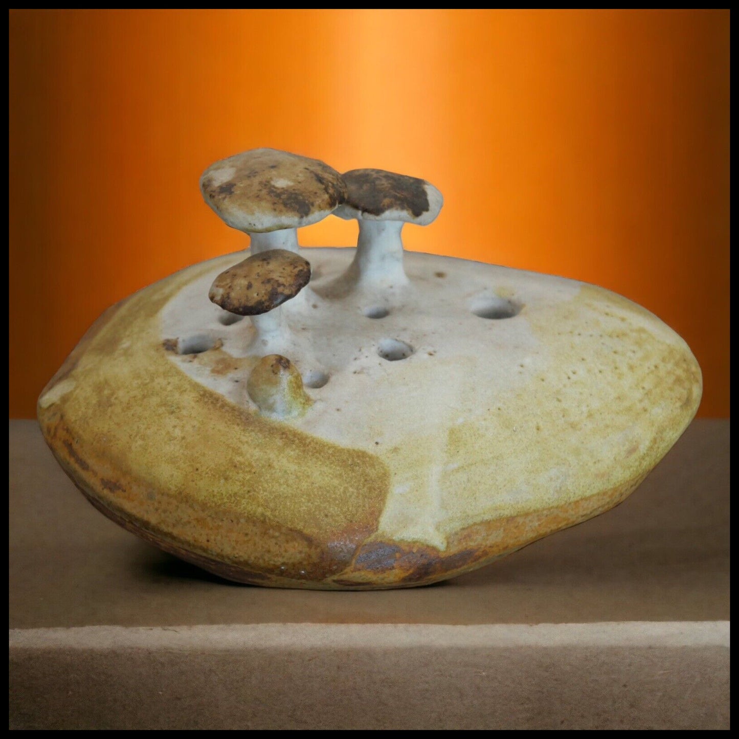 Vintage Circa 1970 Contemporary Stoneware Art Pottery Mushrooms on Rock Weed Pot Vessel