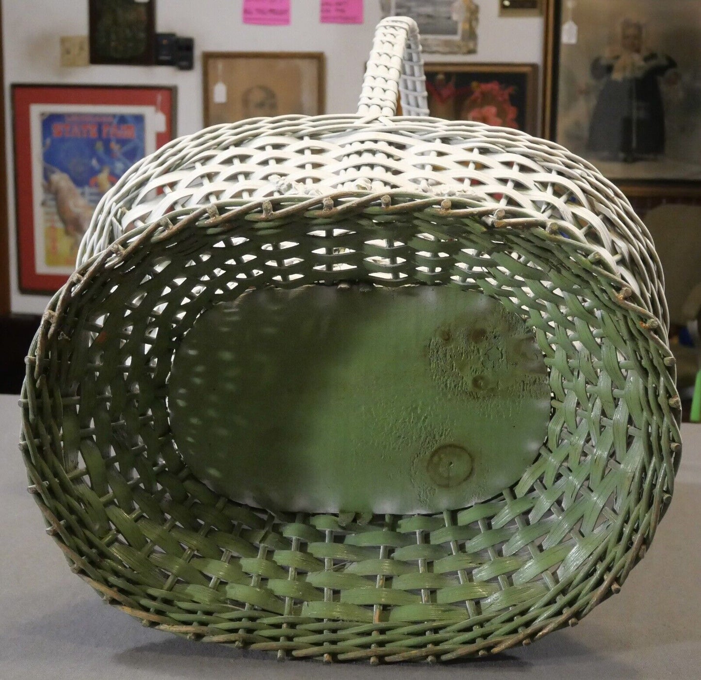 Circa 1920 French Country Style Gesso Barbola Rose Motif White Painted Wicker Floral Bouquet Presentation Basket