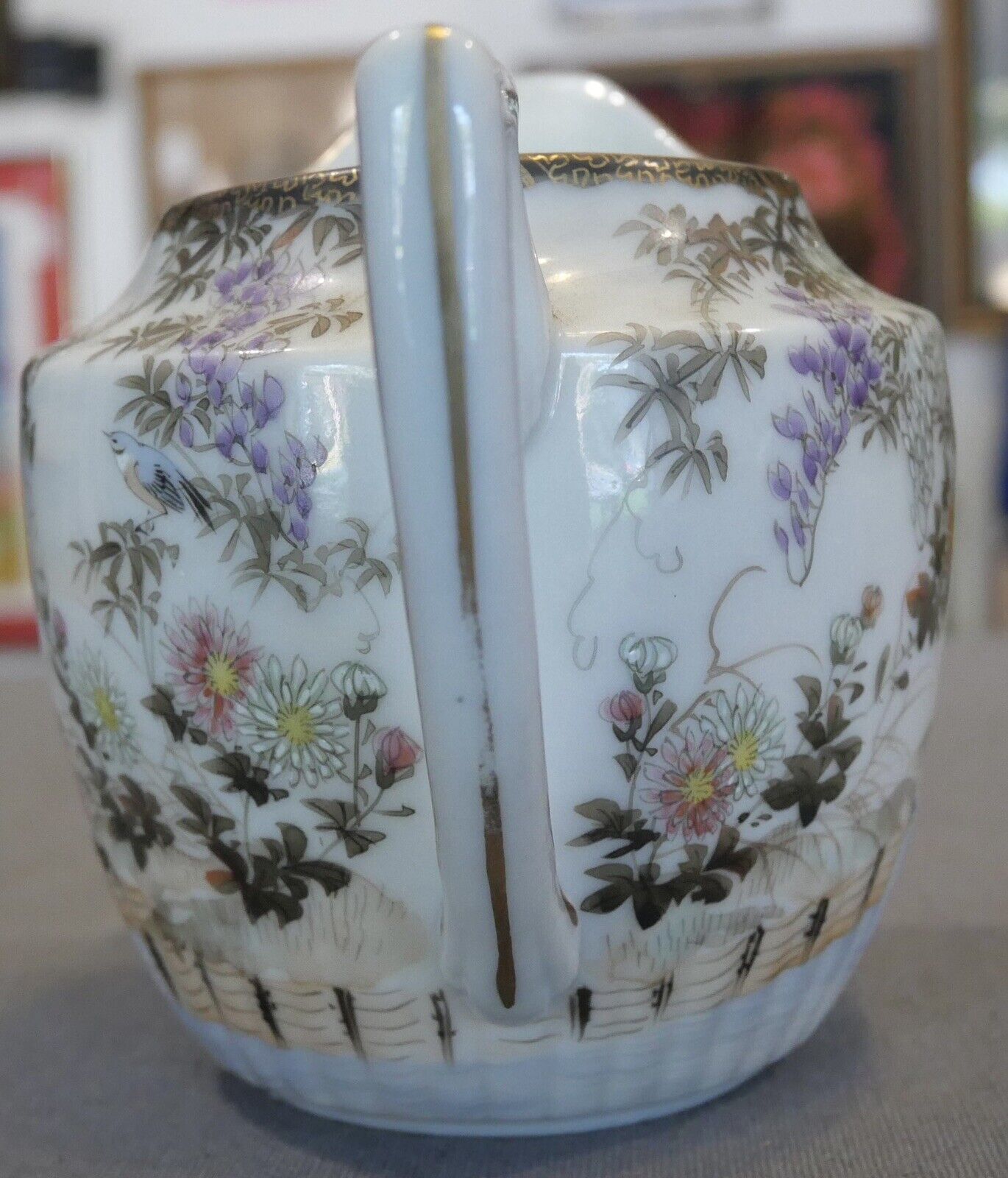 Circa 1920 Japanese Kutani Porcelain Landscape/Floral/Bird Motifs Lobed Base Creamer Pitcher (Taisho Period)
