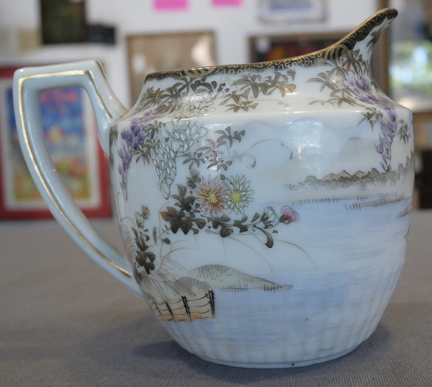 Circa 1920 Japanese Kutani Porcelain Landscape/Floral/Bird Motifs Lobed Base Creamer Pitcher (Taisho Period)