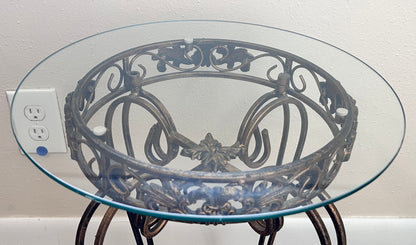 Vintage 1980’s Hollywood Regency Style Collapsible Gilded Wrought Iron Base/Round Glass Top Accent Table