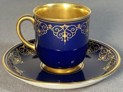 Austrian Augarten Porcelain Biedermeier Style Gilded Cobalt Blue Scrollwork Motifs Demitasse Cups and Saucer Set