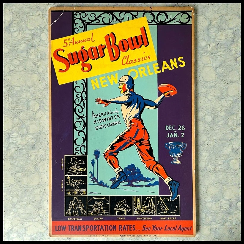 1939 5th Annual Sugar Bowl Classics New Orleans Football Cardboard Advertising Sign