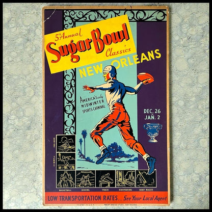 1939 5th Annual Sugar Bowl Classics New Orleans Football Cardboard Advertising Sign