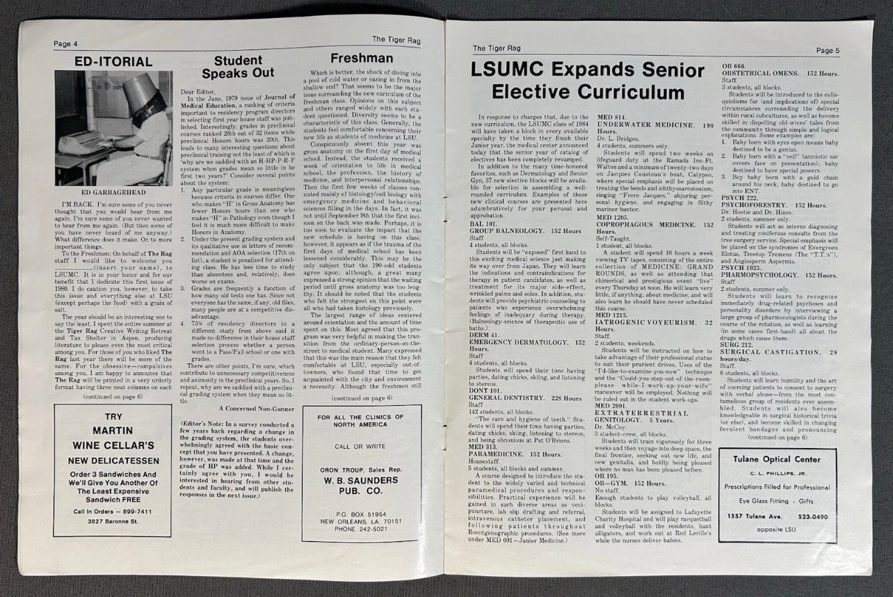 Vintage Louisiana State University School of Medicine The Tiger Rag Satirical Magazine (October 1980)