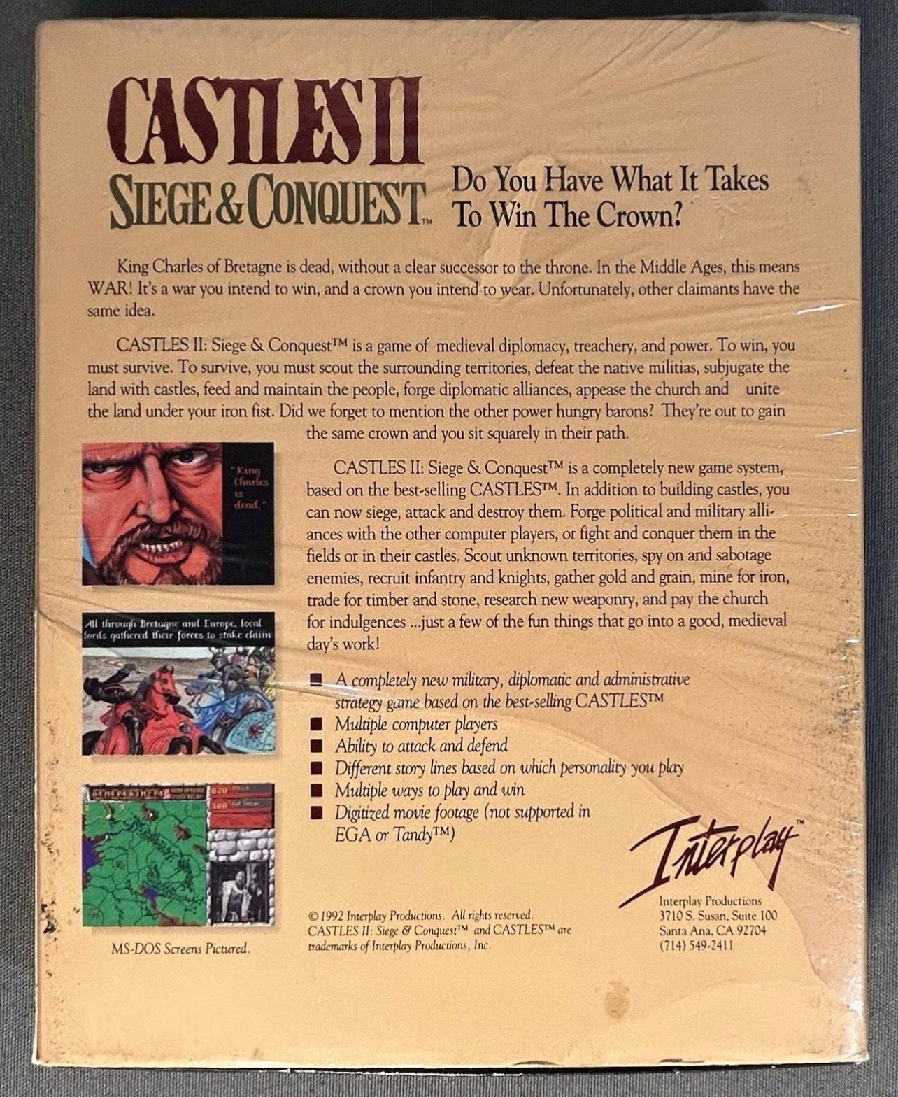 Vintage 1992 Castles II: Siege & Conquest PC Game Complete in Box with 5 Floppy Disks, Instruction Manual, Task Chart, MS-DOS Reference Card, and InterPlay Guide
