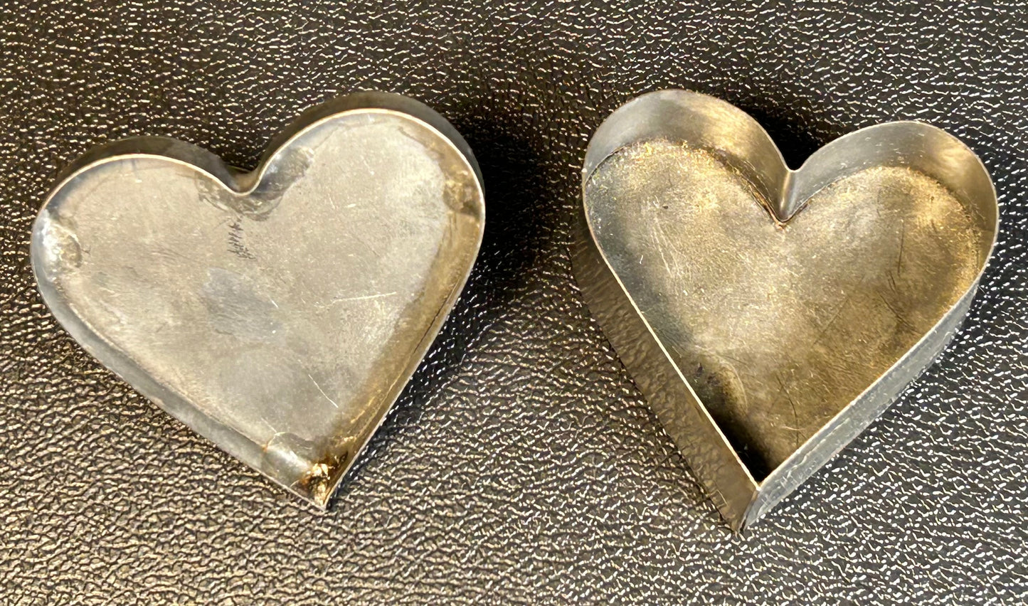 Vintage Circa 1970 American Folk Art Heart-Shaped Tin Metal Trinket Box with Wire Heart Handle