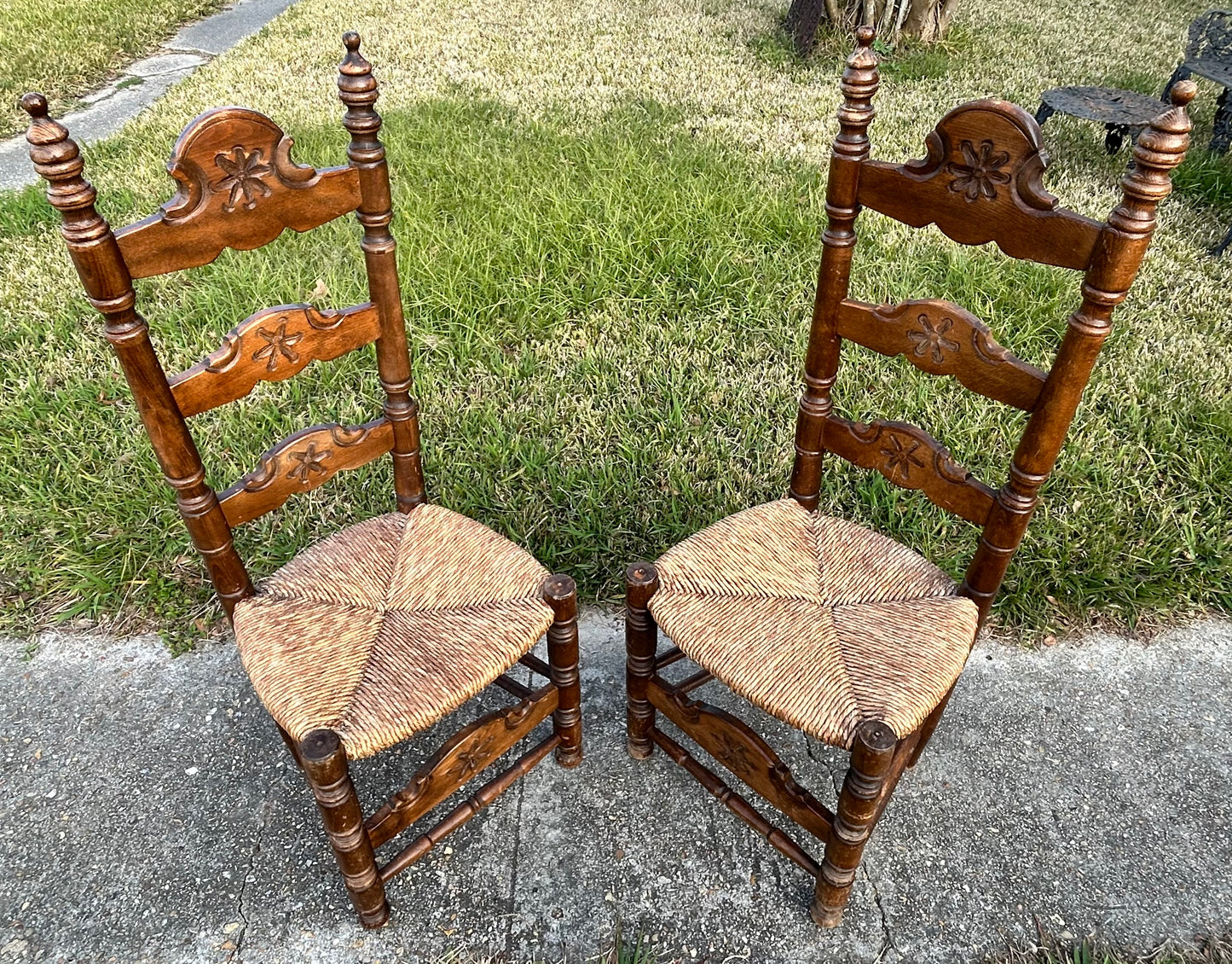Pair of Vintage Mid 20th Century Spanish Country Style Carved Maple Wood/Upholstered Rush Seat High Ladderback Dining Chairs