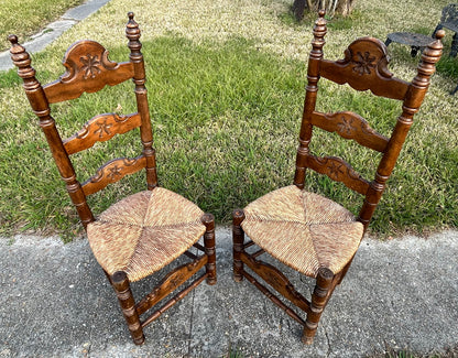Pair of Vintage Mid 20th Century Spanish Country Style Carved Maple Wood/Upholstered Rush Seat High Ladderback Dining Chairs