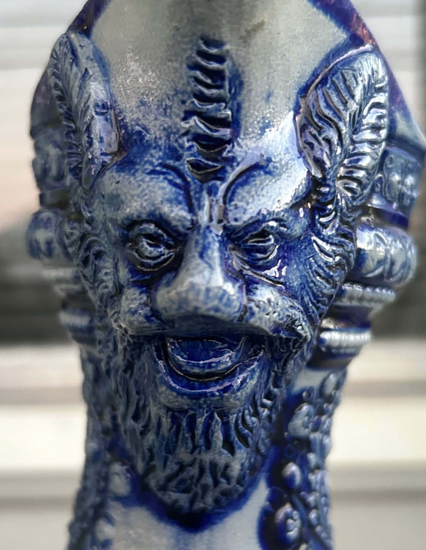 Mid 19th Century German Renaissance Revival Style Westerwald Salt Glazed Stoneware Coat of Arms Motif Satyr Spout Bulbous Footed Ewer