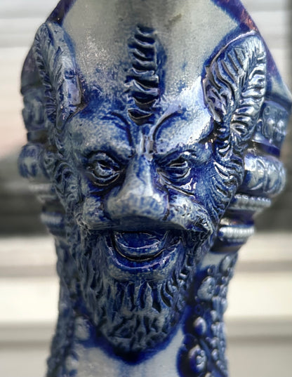 Mid 19th Century German Renaissance Revival Style Westerwald Salt Glazed Stoneware Coat of Arms Motif Satyr Spout Bulbous Footed Ewer