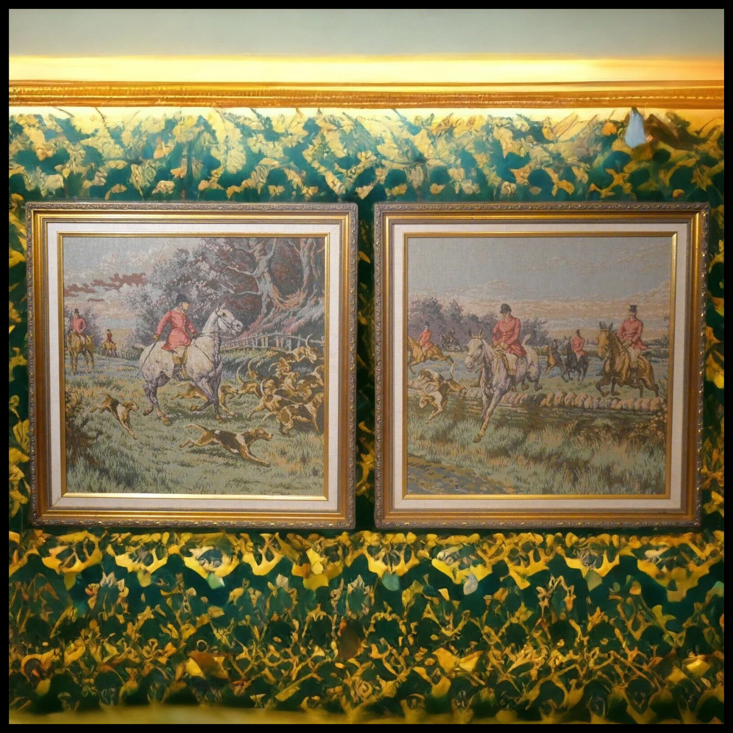 Pair of Vintage French Hunting Scene Framed Tapestries from 1984 New Orleans World's Fair