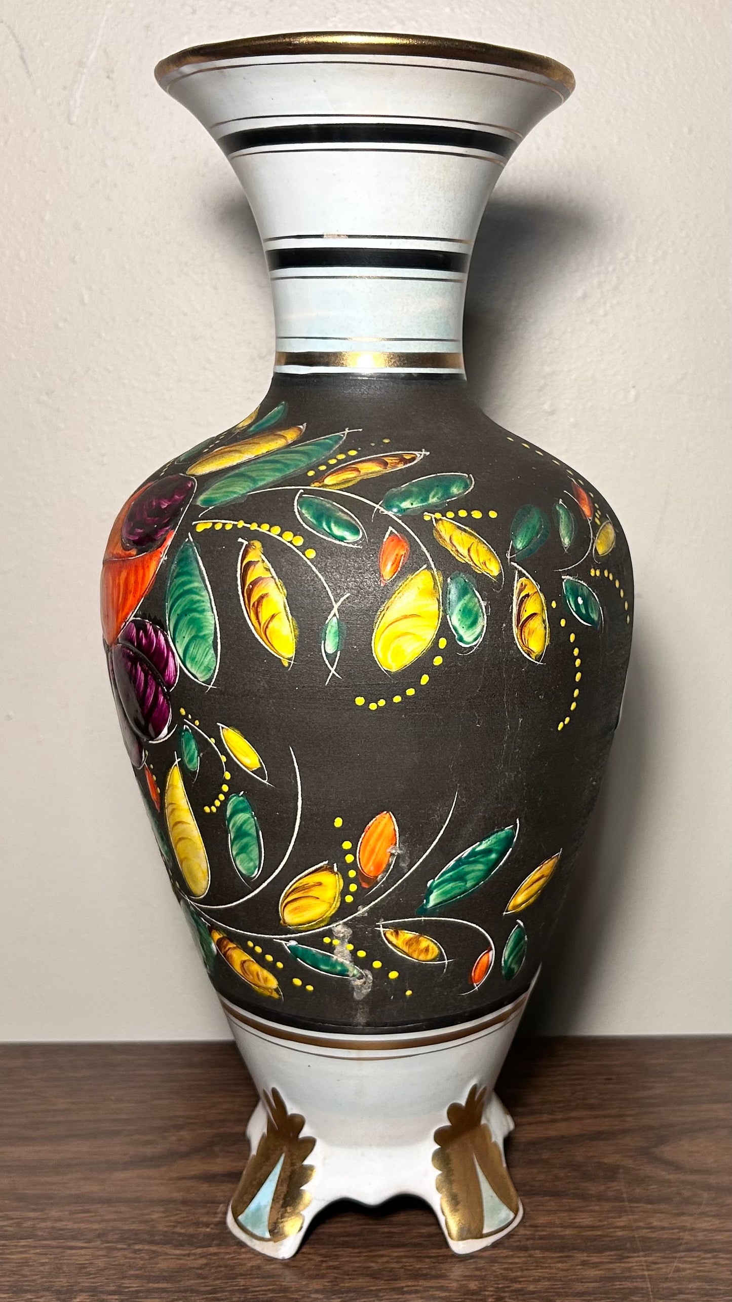 Vintage 1950’s H. Bequet Quaregnon Belgium Pottery Gilded Enamel Hand-Painted Floral Motifs Footed Baluster Vase