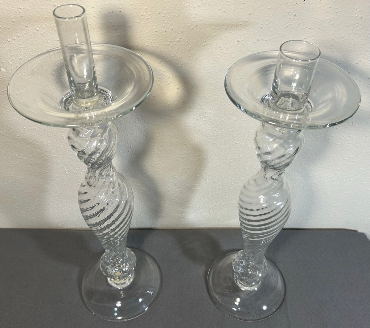 Pair of Vintage 1960’s Italian Empoli Monumental Mid Century Modern Clear Art Glass Optic Swirl Torsade Pattern Staggered Integrated Candle-Socket Chimney Circular Bobeche Drip Pans Candlesticks