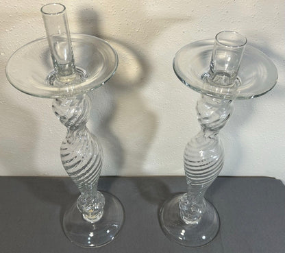 Pair of Vintage 1960’s Italian Empoli Monumental Mid Century Modern Clear Art Glass Optic Swirl Torsade Pattern Staggered Integrated Candle-Socket Chimney Circular Bobeche Drip Pans Candlesticks