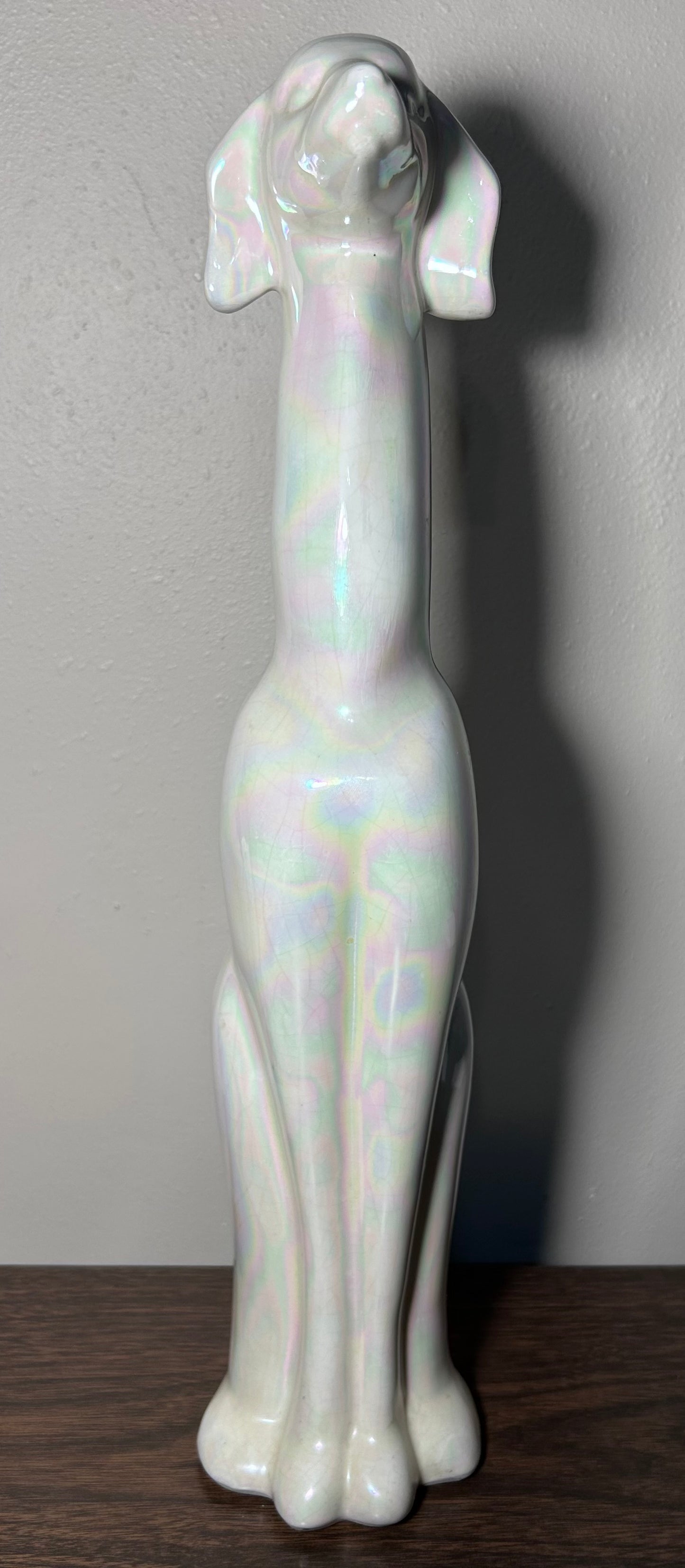 Vintage 1950’s American Mid Century Modern USA Pottery Iridescent White Crackle Glazed Ceramic Greyhound Dog Sculpture (#508)