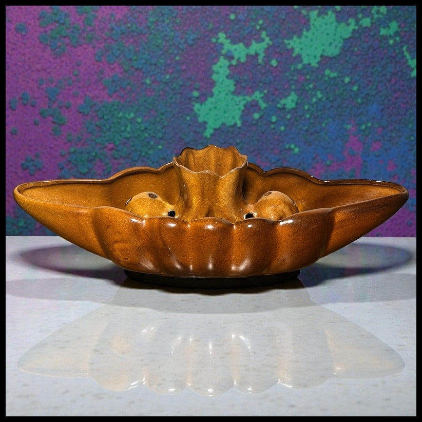 Vintage Circa 1960 American Mid Century Modern Anna Van Briggle Pottery Brown Glazed Console Bowl with Flower Frog