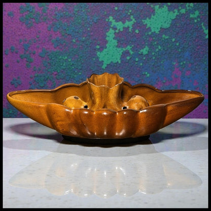 Vintage Circa 1960 American Mid Century Modern Anna Van Briggle Pottery Brown Glazed Console Bowl with Flower Frog