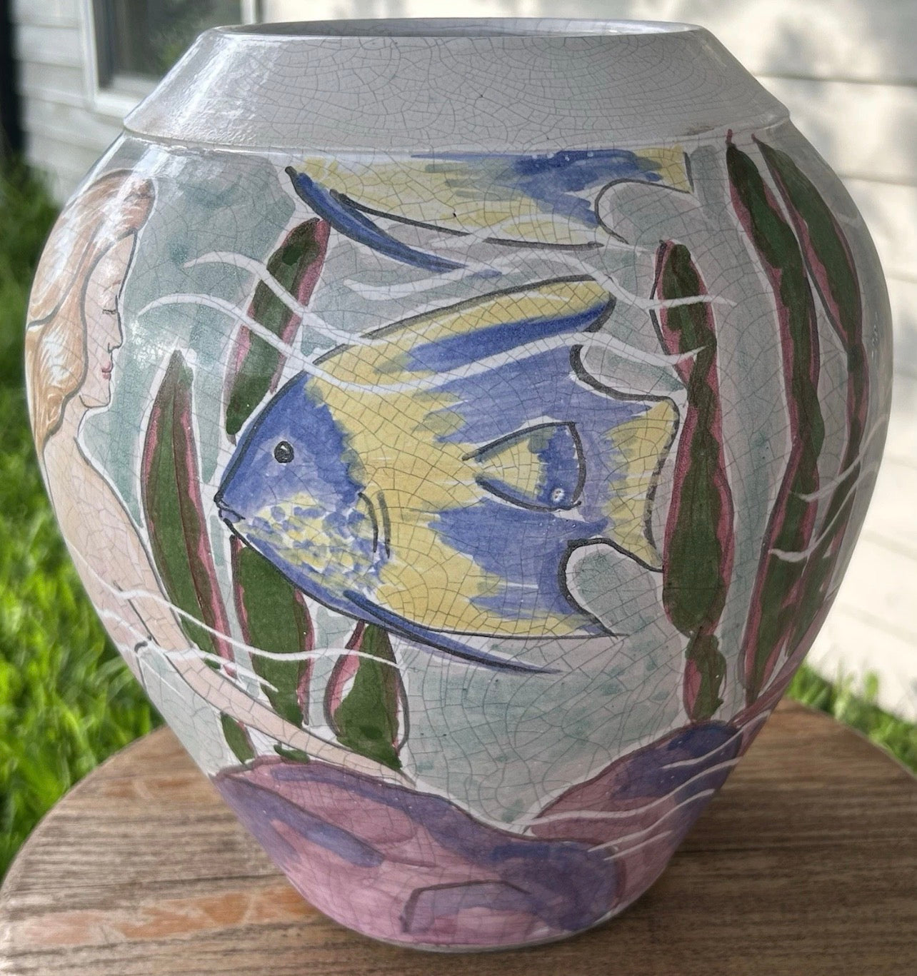 1992 Bruce and Tami Odell Studio Pottery Crackle Glazed Clay Mermaid and Fish Sea Life Motifs Baluster Vase