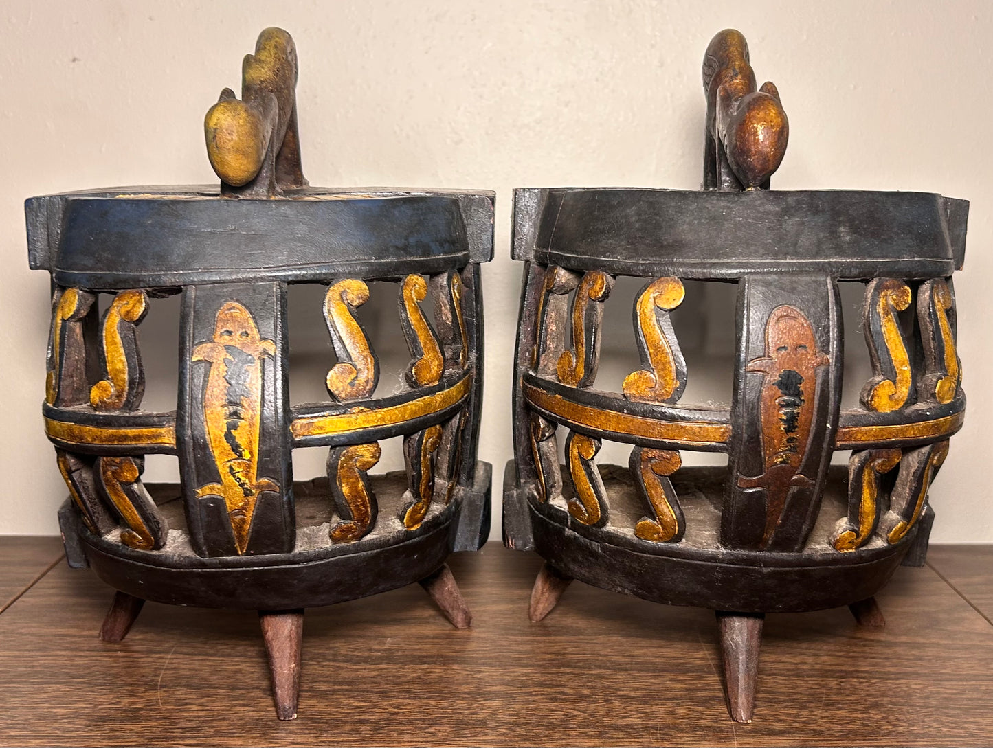 Vintage Mid 20th Century West African Baule-Attributed Carved Hardwood Zoomorphic Figures/Crocodile Motifs Ritual Container from Côte d’Ivoire