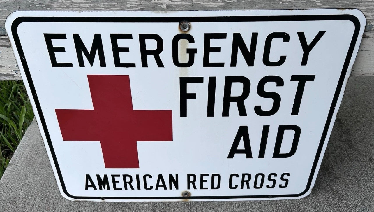 Late 1940’s Post World War II-Era American Red Cross Emergency First Aid Porcelain Enamel Metal Sign