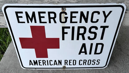 Late 1940’s Post World War II-Era American Red Cross Emergency First Aid Porcelain Enamel Metal Sign