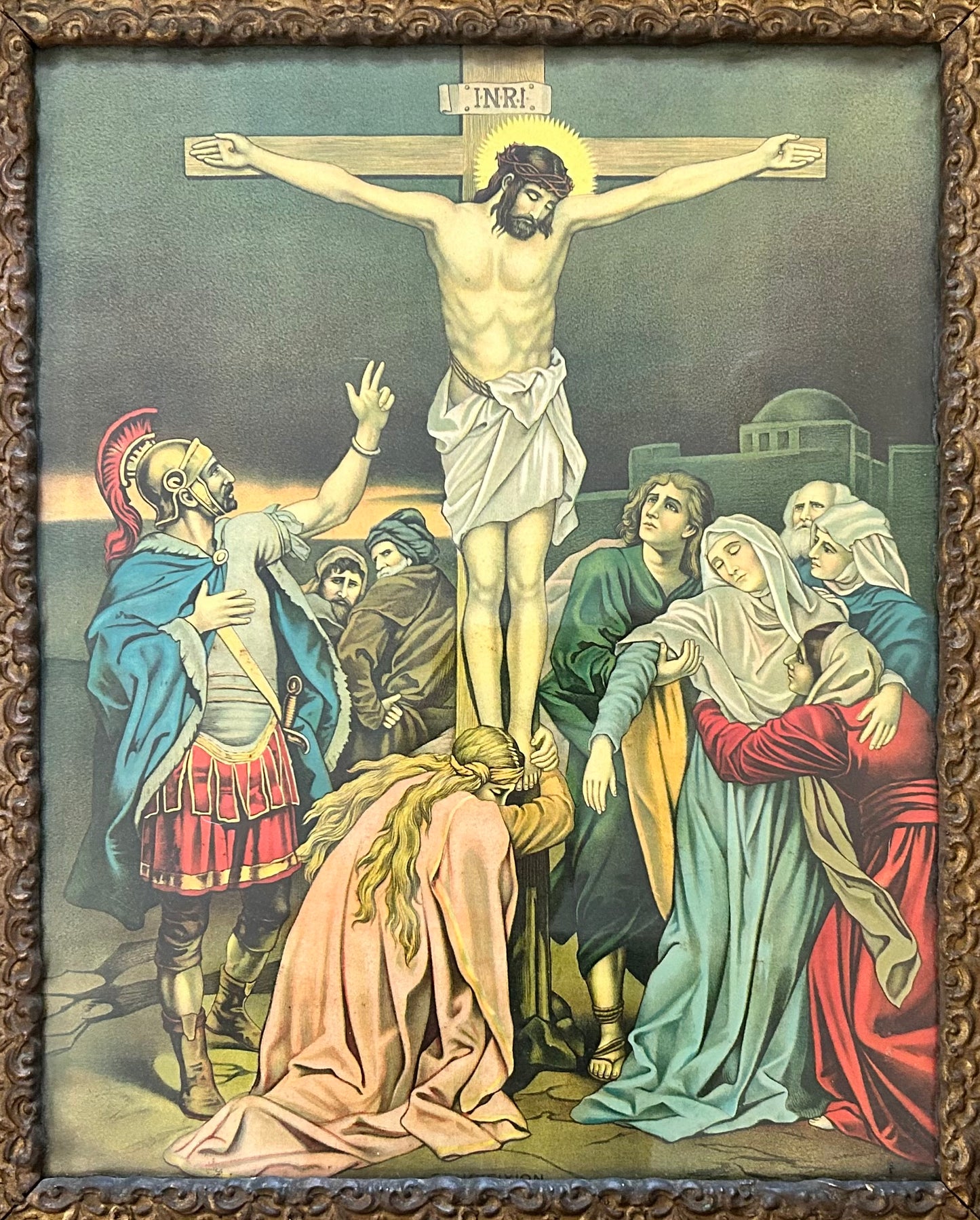 Circa 1900 American Victorian “The Crucifixion of Jesus Christ” Framed Chromolithograph Print