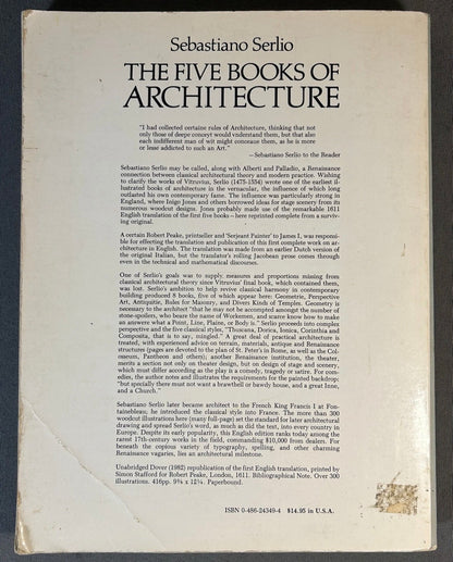 Vintage 1982 “The Five Books of Architecture: An Unabridged Reprint of the English Edition of 1611” by Sebastiano Serlio Softcover Book