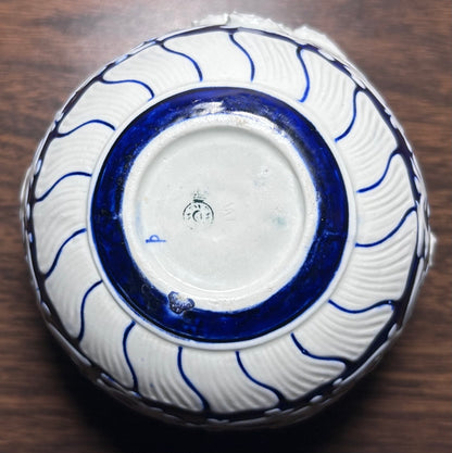1885 English Victorian Royal Worcester Porcelain Japanesque Style Porcelain Brush Washer Form White/Cobalt Blue Raised Relief Dragon Motif Small Rotund Vase