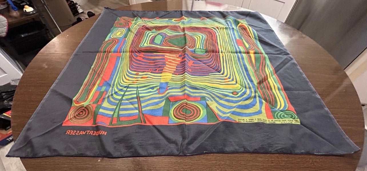 Vintage Circa 1970 Friedensreich Hundterwasser “The Blood Flows in a Circle and I Have a Bicycle” Art Silk Scarf Made by Filmdruck Heberlein & Co. AG (Switzerland)